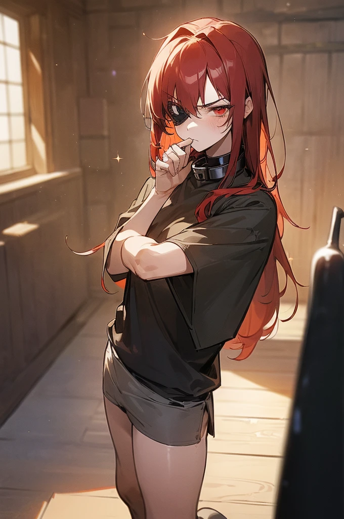 {masterpiece, distinct_image, extremely detailed CG, beautiful eyes and detailed face, 4k, 8k, high_resolution, perfect_finger, medieval style, (beautiful_detailed_eyes:1.3), glitter, no_light, dark_background{(miniboy, slave:1.3), face_focus,full body, looking for_in_viewer, standing},{(shota,slave:1.3) (tattered_very_big_gray T-shirt, no pants, {thick_gray_metal_collar:1.6}, black_right_eyepatch:1.5), (red_hair, red_eyes, long_hair, hair_over_one_eye, one_eye_covered_with_hair, asymmetrical_bangs:1.4), (tired_face, glaring, breathing:1.3), (Middle_Ages_prison_indoor:1.3)}}