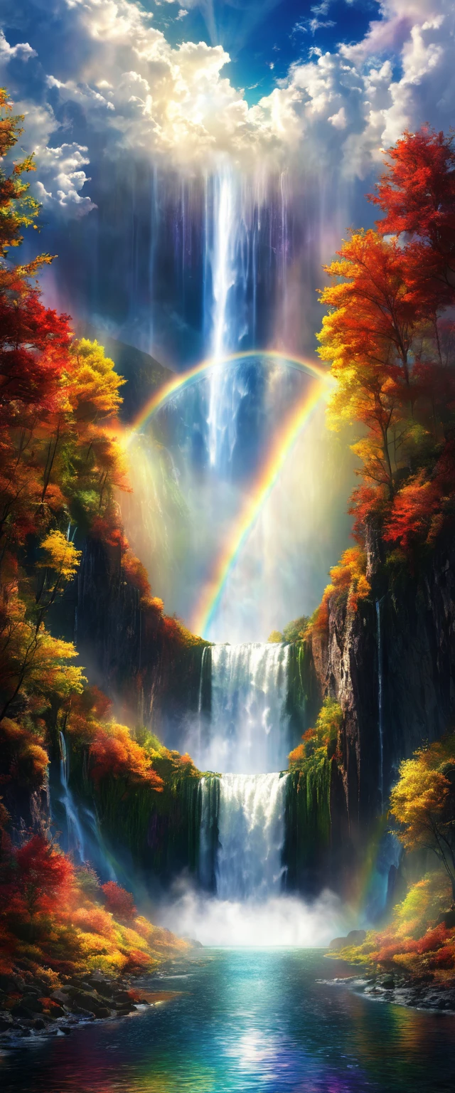 Sky, waterfall, fall, water, Light, cloud, heaven, hell, rainbow, Angel, devil, Contrast, mysterious, Fantasy, beautiful, That's horrible, sacred, grow,beautiful Anime Scenery, Landscape painting, beautifulデジタル絵画, Andreas Rocha, beautifulアートワークのイラスト, Awesome Wallpapers, Raymond Han, 背の高いbeautiful絵画, Studio Greeble Makoto Shinkai, beautiful壁紙, Anime Scenery