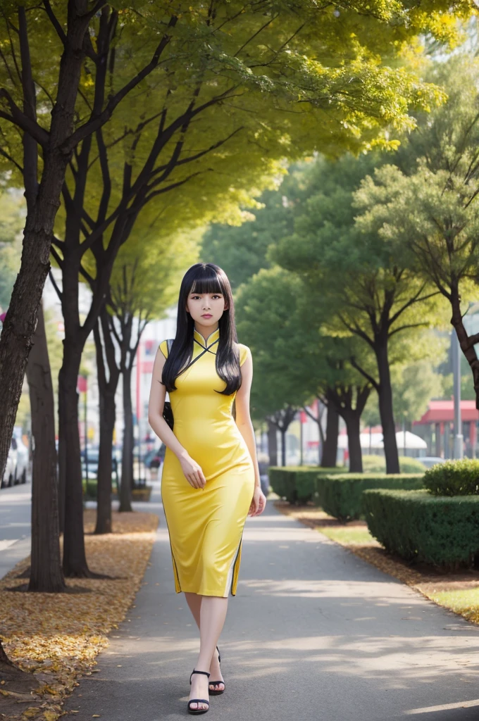 make a picture: Adult Chinese woman, 30s, long black hair with straight bangs, yellow eyes, yellow Qipao clothing, full body in a park