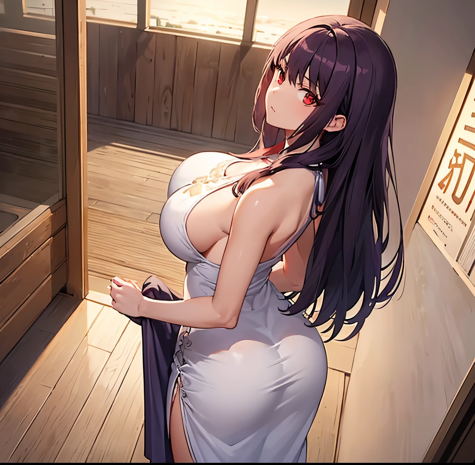 1girl,alone,sana sunomiya, (well-shaped body), looking at viewer,curvy,big breasts,medium waist,wide hips,wide thighs,round butt (only),4k,solo,shadows,masterpiece,detailed,(( mitten skin), sharp focus, quality, soft cinematic light, Adobe Lightroom, Photo Lab, intricate, detailed, sauna, pelvic curtain dress, dark purple hair, hair long,red eyes,towel,interior,art room,standing,looking back,from behind,focus on ass,standing,pov(from below),perfect anatomy,perfect hands