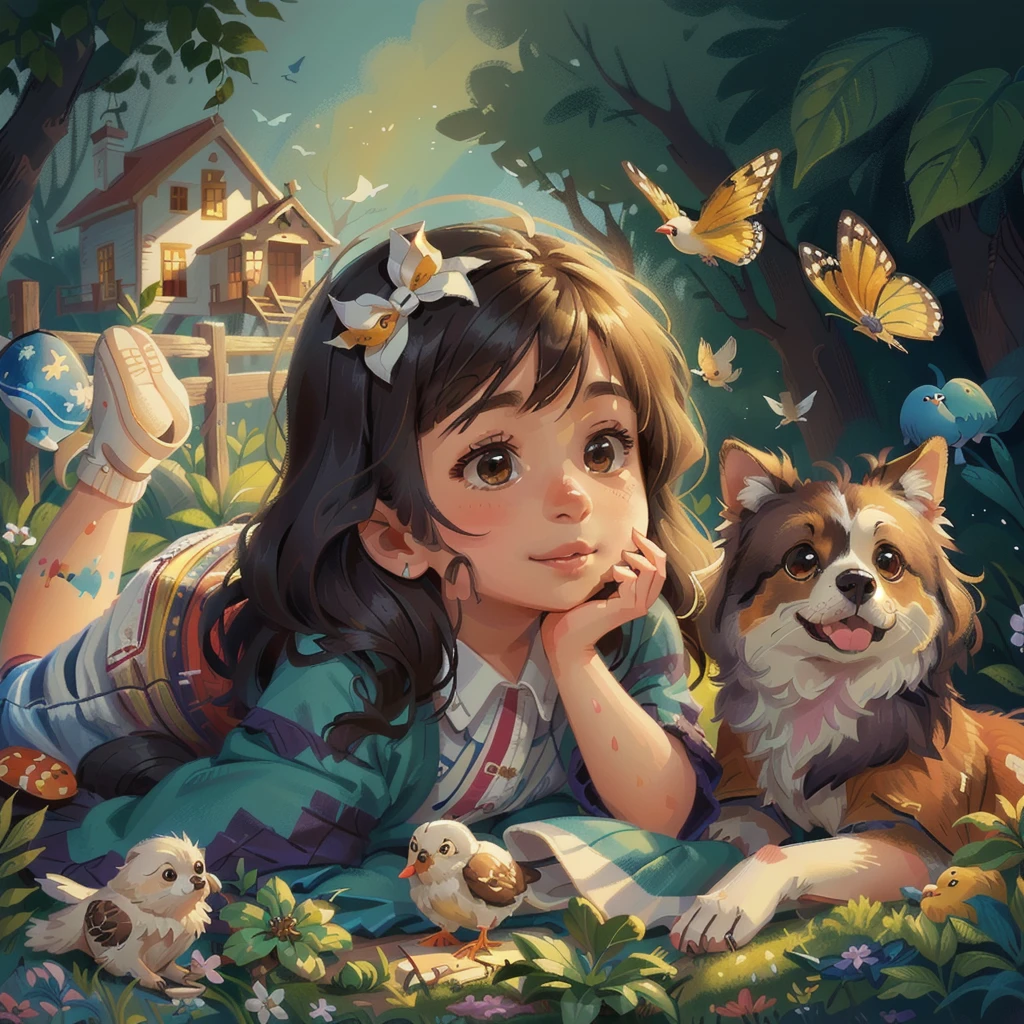 The painting shows a  girl lying on a blanket，There is a dog and a bird beside me, Lovely detailed artwork, author：Yang Borun, Cute numbers, Lovely portrait, Traditional Arts, Lovely detailed digital art, realistic Lovely girl painting, Lovely , Lovely artwork, Lovely digital art, Beautiful artwork, Alison Kinnard, author：Howard Lyon, Lovely girl