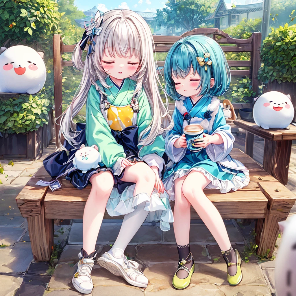 Light ink drawing,Two girls,Spread your legs,Reveal transparent white,Transparent underwear,Black and white grid,White coat,In the courtyard,On a rattan chair,Sit quietly,Endless green leaves bring summer,Lily of the valley blooms,Spring water is bright,Light blue and pale