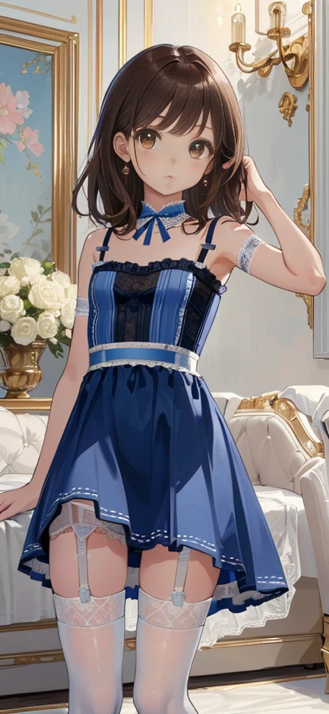 ((masterpiece)), ((best quality)), ((ultra detailed)), ((kawaii)), cute, (lovely), ((extremely detailed)), ((8K)), (beautiful), full body, luxury room, a cute girl, 1girl, solo, blue mini camisole dress,beautiful light brown hair, ((detailed beautiful brown eyes)), white-skinned, flat breast, tiny breast, garter belt,(garter stockings:1.4),full body