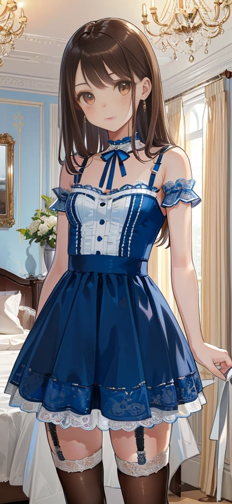 ((masterpiece)), ((best quality)), ((ultra detailed)), ((kawaii)), cute, (lovely), ((extremely detailed)), ((8K)), (beautiful), full body, luxury room, a cute girl, 1girl, solo, blue mini camisole dress,beautiful light brown hair, ((detailed beautiful brown eyes)), white-skinned, flat breast, tiny breast, garter belt,(garter stockings:1.4),full body