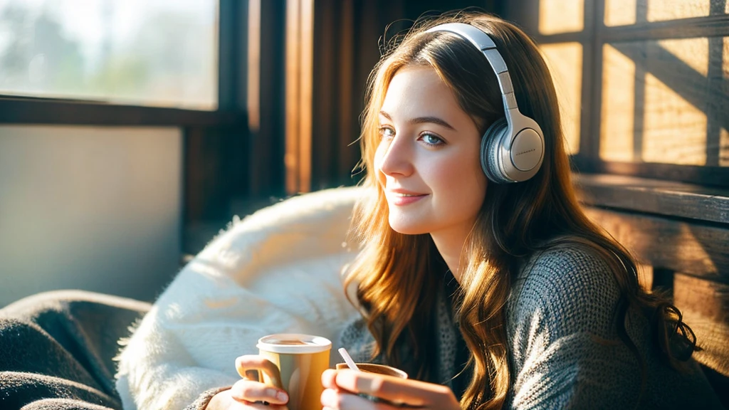 Beautiful blonde in a black dress (Sitting in bed with the morning sun shining in, holding a cup of coffee),Wearing headphones,Very detailed, 21 years old, Innocent face, Naturally Wavy Hair, blue eyes, High resolution, masterpiece, highest quality, Intricate details, Very detailed, Clear focus, Delicate skin, practical skin texture, texture, Delicate eyes, Professional, 4K, Cute Smile, Shot with Canon, 85mm, Shallow and deep,  Kodak Vision Color, Exactly, Very detailed, photograph_\(Extremist\), photographpractical, practical, Post-processing, Maximum details, Roughness, Real Life, Extremist practical, Photorealism, photographgraphy, 8K Ultra HD, photographgraphy