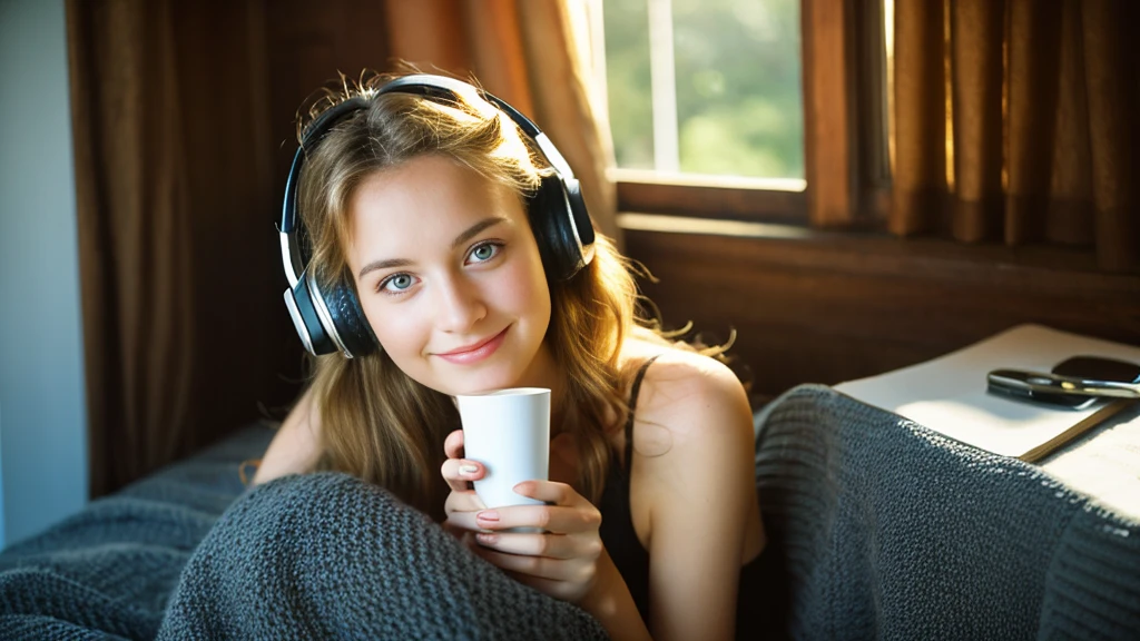 Beautiful blonde in a black dress (Sitting in bed with the morning sun shining in, holding a cup of coffee),Wearing headphones,Very detailed, 21 years old, Innocent face, Naturally Wavy Hair, blue eyes, High resolution, masterpiece, highest quality, Intricate details, Very detailed, Clear focus, Delicate skin, practical skin texture, texture, Delicate eyes, Professional, 4K, Cute Smile, Shot with Canon, 85mm, Shallow and deep, Kodak Vision Color, Exactly, Very detailed, photograph_\(Extremist\), photographpractical, practical, Post-processing, Maximum details, Roughness, Real Life, Extremist practical, Photorealism, photographgraphy, 8K Ultra HD, photographgraphy