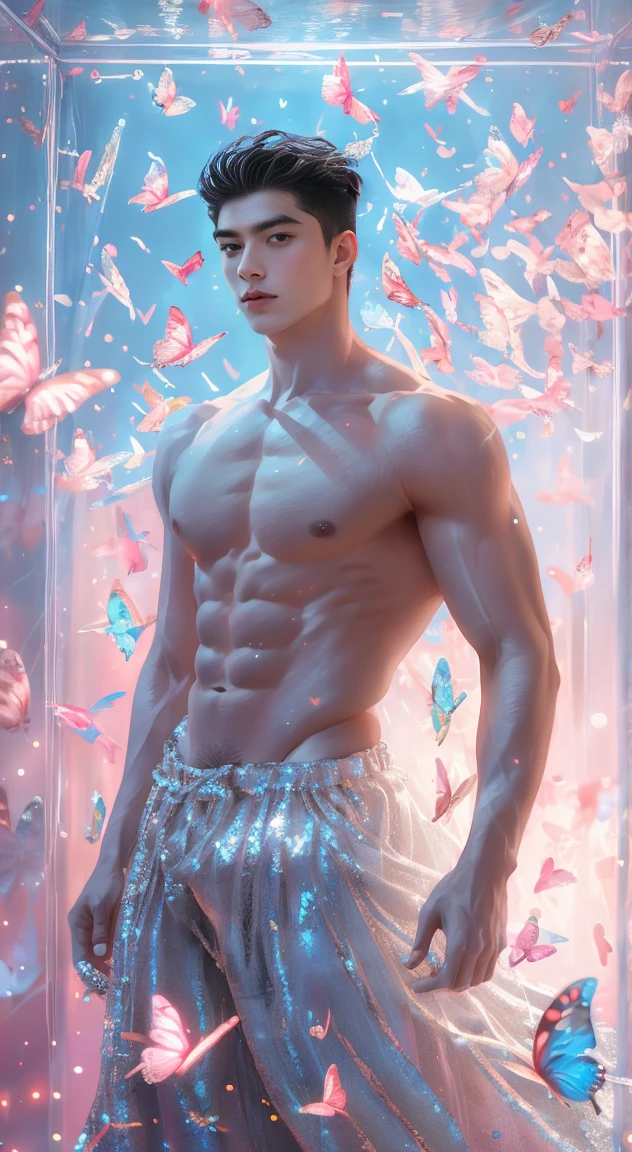 (8K, RAW photos, Highest quality) masterpiece, 1 boy, 18 years old, Asian muscular man Look at the viewer, standing, showing his big, muscular breasts, puffy nipples, sexy six pack, narrow waist, Handsome, Topless, Thick body feathers, wearing soft sparkling blue glowing thong, butterflies on her body, butterflies flying in the air, gradient background, Glitter & Sequin Background, cinematic lighting, UHD