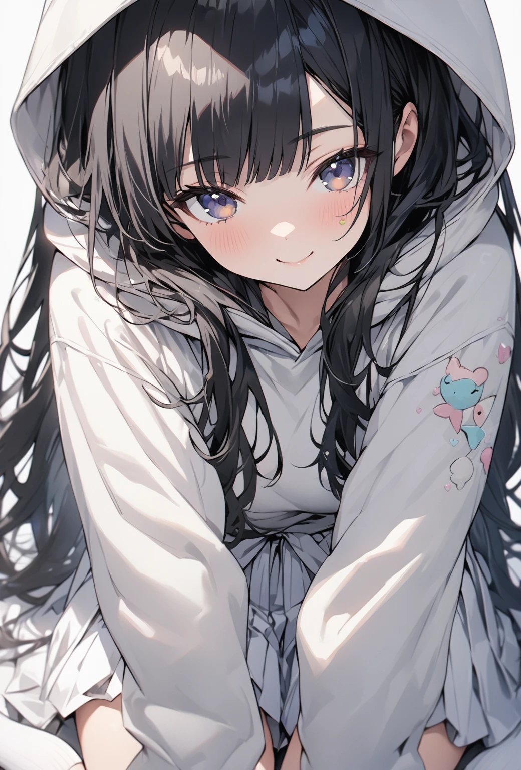 ((highest quality)), ((masterpiece)), ((Very detailed)), (Very cute),A gentle-looking woman with black hair and a smile, about 165cm tall,A woman with a cute smile wearing a hoodie with elaborately decorated long hair, alone, Cute attitude,(background(bright),Long Hair - Straight,Knee-high socks、A heavily decorated white hakama with a hood,White wall、Sitting、Facial Close-up,Facing the viewer