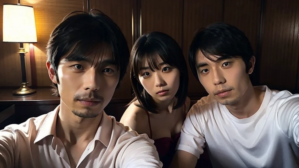 Kikuchi takes a selfie of herself and a Japanese man with long bangs, A luxury hotel room, Dark Room, Room lighting