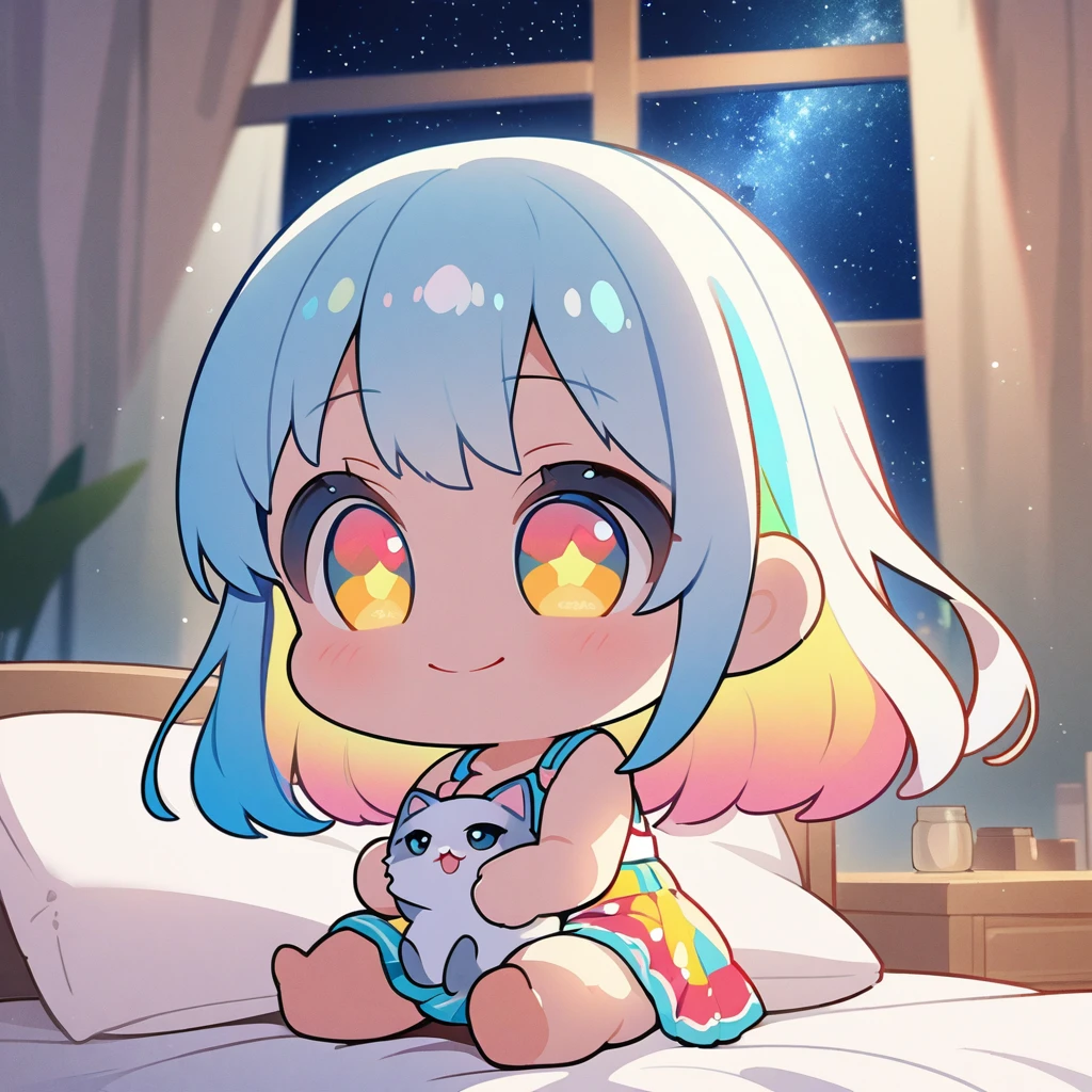 masterpiece、highest quality、Depth of subject、2D illustration、1 beautiful girl、solo, (((chibi style)))、cute chibi, lovely chibi, ((night)), ((window)), ((starry sky)), Long, beautiful hair、Shiny chestnut hair、cute、Beautifully detailed eyeini skirt))、((colorful))、Tank top、((happy smile))、sitting on bed, ((close up shot))、((Holding a kitten)), ((in the room))、((There's a lot of pink around))、((bed))、Thighs、((vivid color))、sparkle、((Lens flare))、