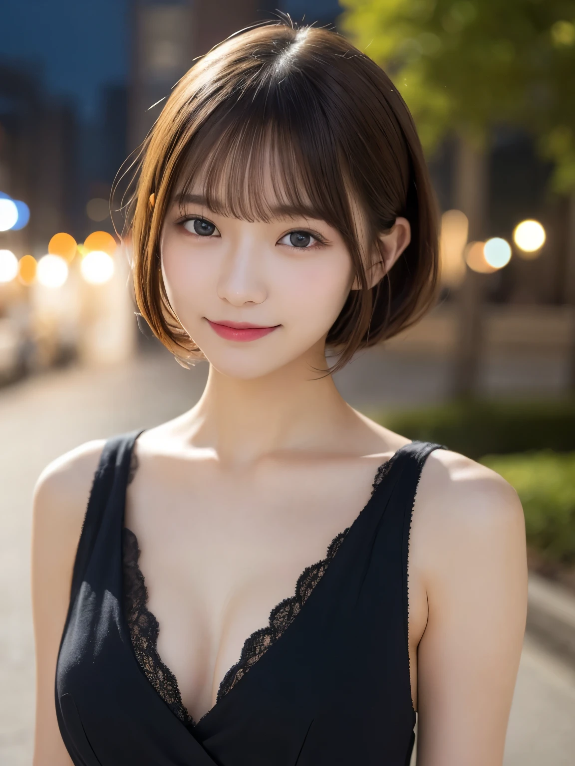 masutepiece, Best Quality, Illustration, Ultra-detailed, finely detail, hight resolution, 8K Wallpaper, Perfect dynamic composition, Beautiful detailed eyes, doress, short Hair, mid-chest, Natural Color Lip, Random and sexy poses,Smile, Blurred park at night background、20 years girl、Colossal 、Too much exposure、dress(black)、Exposing the chest、Slid、I keep my hair tied up
