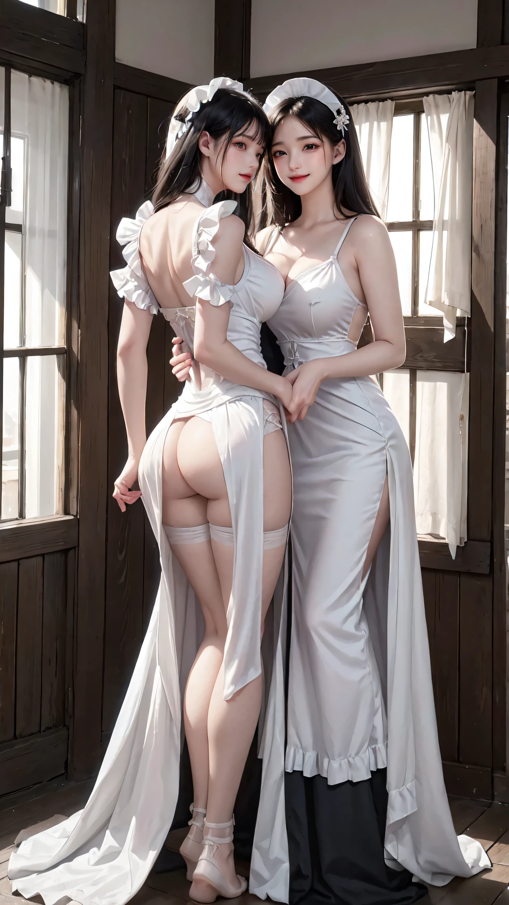 see through clothes(Full body female love:1.3),best quality, masterpiece, ultra high resolution, (lifelike:1.4), original photo, 1 female,35 years old, black hair, big eyes, Detailed eyes and face,huge breasts,split,long legs,Belted robe open ,bare shoulder,no underwear:1.5,see through clothes,Hollow material white clothes,kitchen:1.3,Smile、sleeveless costume、((Maid clothes))、Extremely revealing clothingHuge breasts and ass on a thin body、Kissing with just the tongue