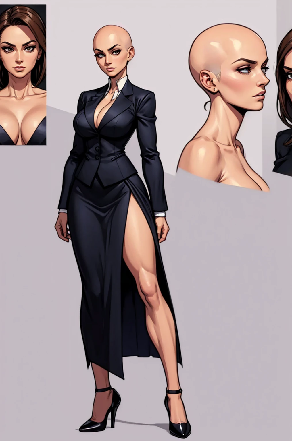 digital comic art, highly detailed, standing pose, feminine features, mature woman, adult female, whole body, bald, form-fitting, revealing neckline, blazer, V-neck blouse, long skirt with a side slit, shoes, 1woman, solo, upper body, lower body, ((Extremely Detailed)), ((Best Quality)), ((Masterpiece)), ((4k))
