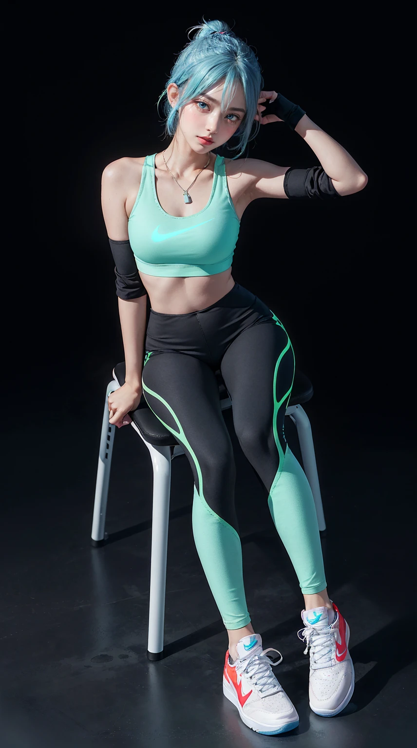 masterpiece, best quality, 4K, ultra-detailed, photorealistic, (1 girl), (A fascinating eye for perfect detail:1.2), smirk, (short light blue hair), (bare shoulder black t-shirt with a single light blue neon line on the sleeve and the Nike logo printed on it), ((black leggings pants with a light blue neon line on the side)), ((red Nike Air Jordan sneakers)), (lift her shirt up a little), (sitting on the chair), (front view), (full body), fantasy background, movie light