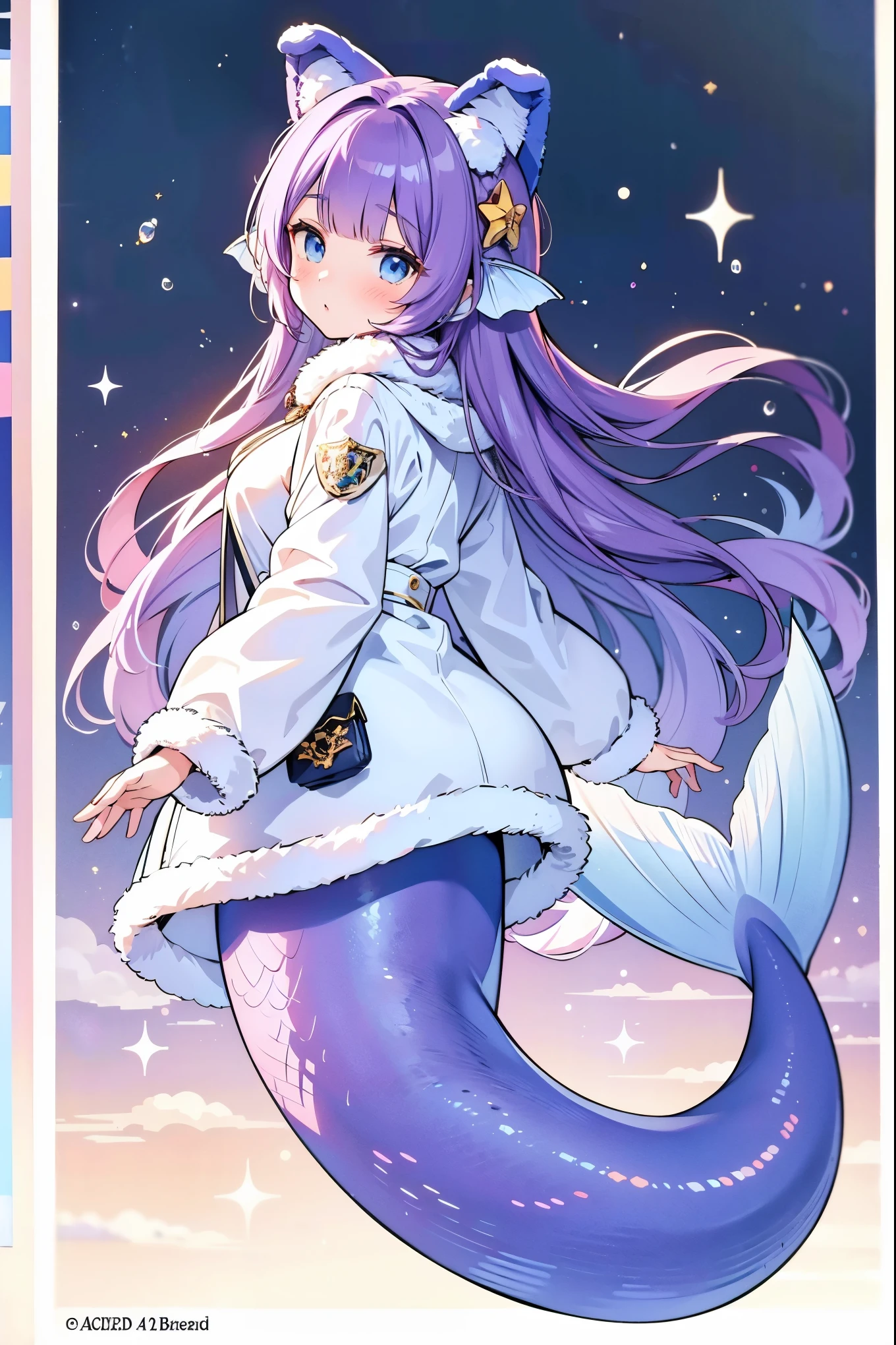 masterpiece, best quality,A girl,Large Breasts,Hair accessories,White sweater,White coat,Fur trim,Winter Clothing,Long sleeve,Fake animal ears,Mermaid,紫色的Mermaid尾巴,Tashkent,Purple Hair,blue eyes,long hair,Bangs,full-body shot,seabed,Underwater,Sea view
