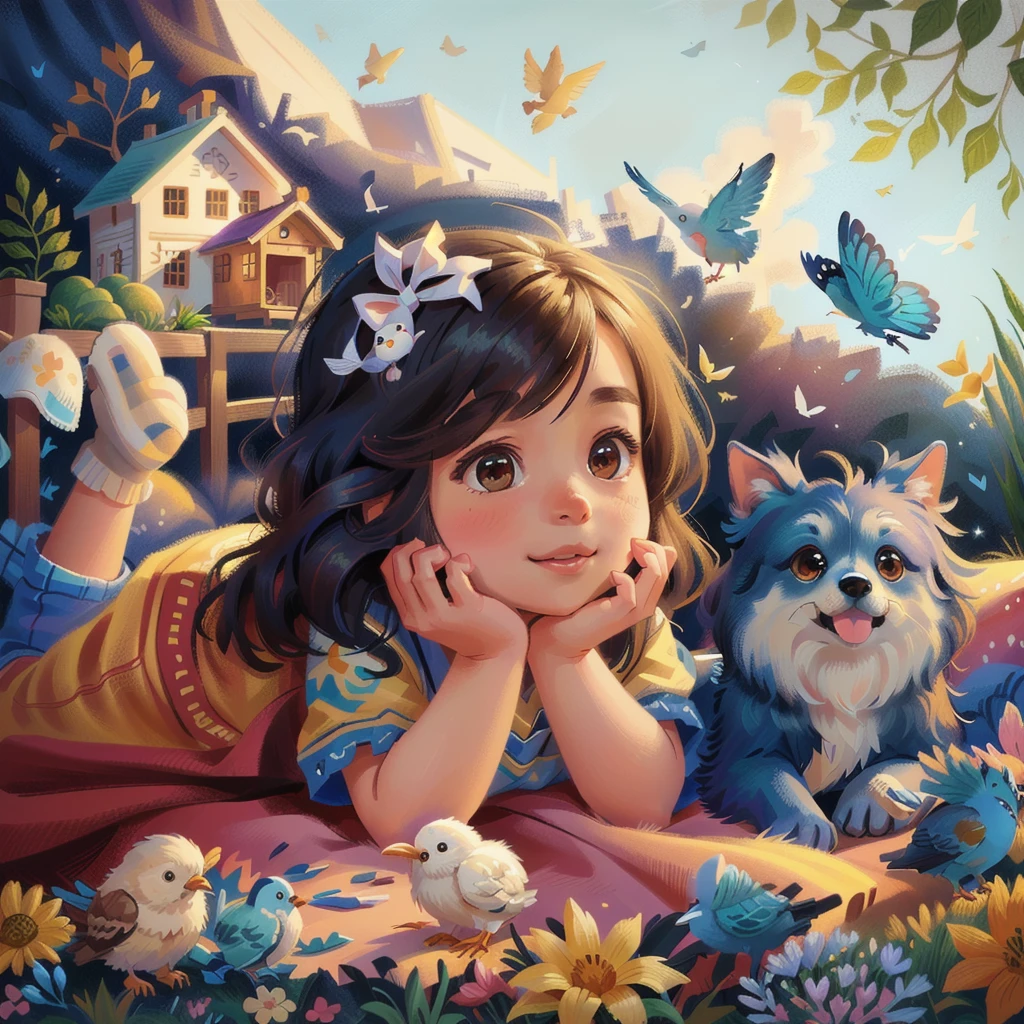 The painting shows a little girl lying on a blanket,There is a dog and a bird beside me, Lovely detailed artwork, author:Yang Borun, Cute numbers, Lovely portrait, Traditional Arts, Lovely detailed digital art, realistic Lovely girl painting, Lovely , Lovely artwork, Lovely digital art, Beautiful artwork, Alison Kinnard, author:Howard Lyon, Lovely girl