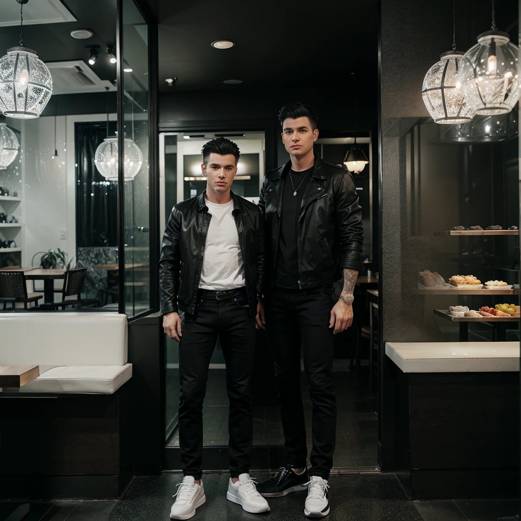 A white man with black tufted hair, wearing black jeans, a black shirt and a white jacket and he is wearing white shoes is standing in front of a restaurant with glass decorations.