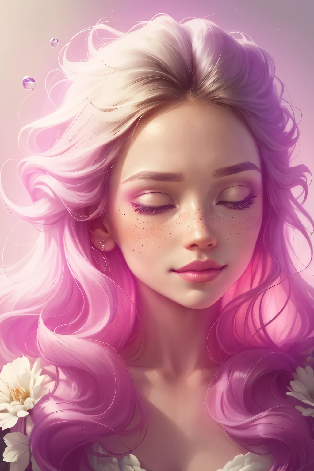 (This is a beautiful rainbow fantasy image that feels interesting and emphasizes glitter and iridescence.) Generate a ((blind)) curvy woman with colorful curly hair and milky white eyes. Her face is important and is perfectly formed with puffy lips and perfect features. (Her eyes are critically important and are (blank) and (solid white)). The image exudes ethereal beauty and soft fantasy. Include sweet and detailed birds and soft, luminous flowers in all the colors of the rainbow. The image's background is decorated in shades of pink, shimmer, glitter, and fantasy details like colored bubbles and cosmos. Utilize dynamic composition to create a compelling and action-packed image. Dramatic lighting and cinematic lighting enhance the woman's beauty and the soft colors in the artwork. (((((Perspective: head on.))))) Include fantasy, cute, colorful, colourful, interesting magic background, ((((blank eyes)))), ((((empty white eyes)))), (shirome eyes:1.3), (smirking), (perfectly rendered solid whiteeyes), ((birthmark on lip)), ((pretty lips)), beautiful background, complex background, sweet background, (((rainbow))), subtle freckles, natural freckles, Surround her with eternal roses in shimmering shades. Add whimsical details like stars, bubbles, and glitter for an enchanting touch. Ensure perfection in her face, hair, and eyes. Incorporate elements of high fantasy, whimsy, and detailed elegance. English rose, princess, courtesan, noblewoman, sweet, lovely, calm, lovely, shimmering, glimmering, glittering, astrological fantasy, (((masterpiece))), (highest quality), magic rose, fantasy garden, beautiful face, perfect face, puffy lips, interesting, shy smile, fantasy elements, magic rose, beautiful eyes, perfect puffy lips, jewel tones, luminosity