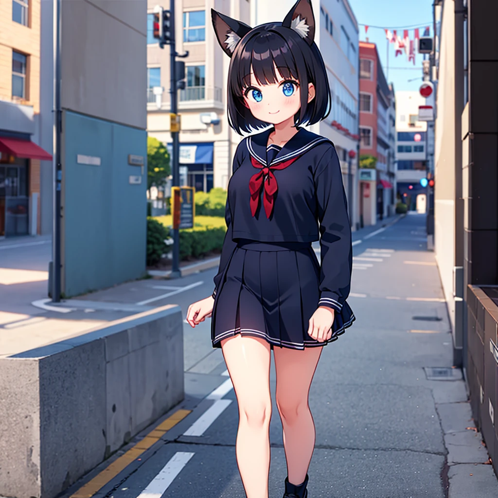 Short black hair Adult female Dog Ears Dark blue colored eyes A student wearing a navy blue sailor uniform with a red ribbon In the city smile