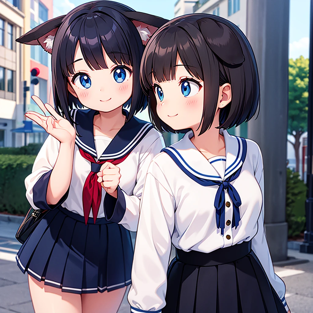 Short black hair Adult female Dog Ears Dark blue colored eyes A student wearing a navy blue sailor uniform with a red ribbon In the city smile