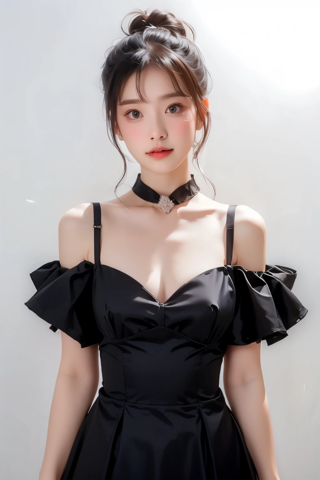 1 woman, black random formal dress, white background,   