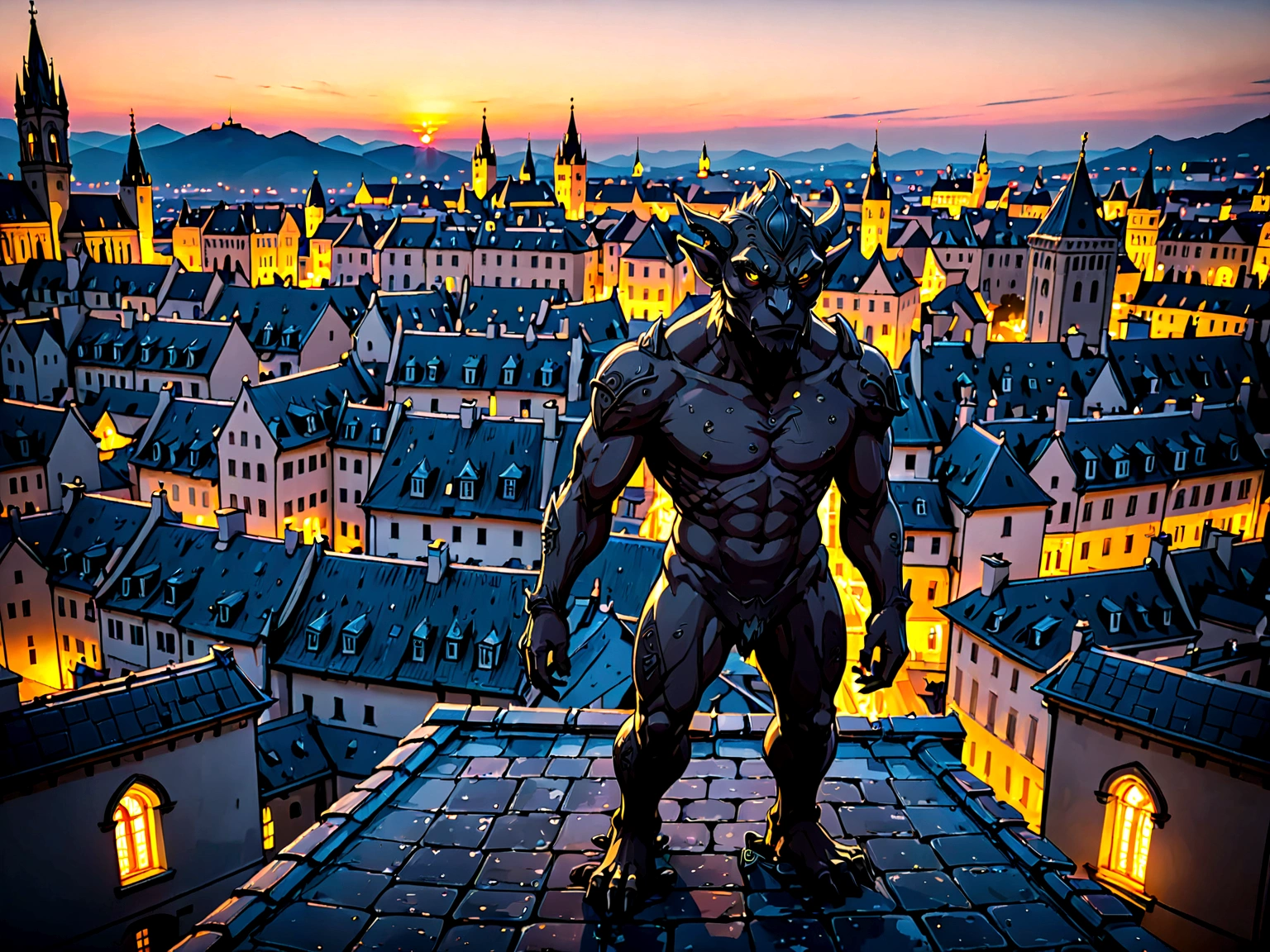 a view of fantasy medieval city, taken from the top of church of , at night, the shot taken while standing behind the statue of a ((gargoyle on the roof: 1.5)), 16K, ultra detailed, masterpiece, best quality, (extremely detailed), arafed, dnd art, god rays, cinematic lighting, glowing light, silhouette, from outside, photorealism, panoramic view (Masterpiece, intense details: 1.5) , Wide-Angle, Ultra-Wide Angle, aetherpunkai