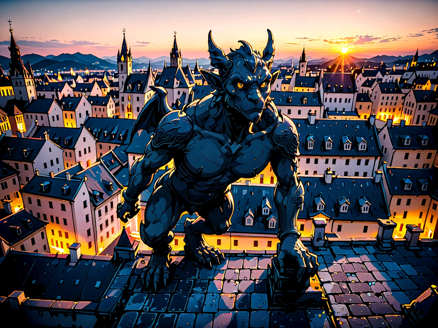 a view of fantasy medieval city, taken from the top of church of , at night, the shot taken while standing behind the statue of a ((gargoyle on the roof: 1.5)), 16K, ultra detailed, masterpiece, best quality, (extremely detailed), arafed, dnd art, god rays, cinematic lighting, glowing light, silhouette, from outside, photorealism, panoramic view (Masterpiece, intense details: 1.5) , Wide-Angle, Ultra-Wide Angle, aetherpunkai