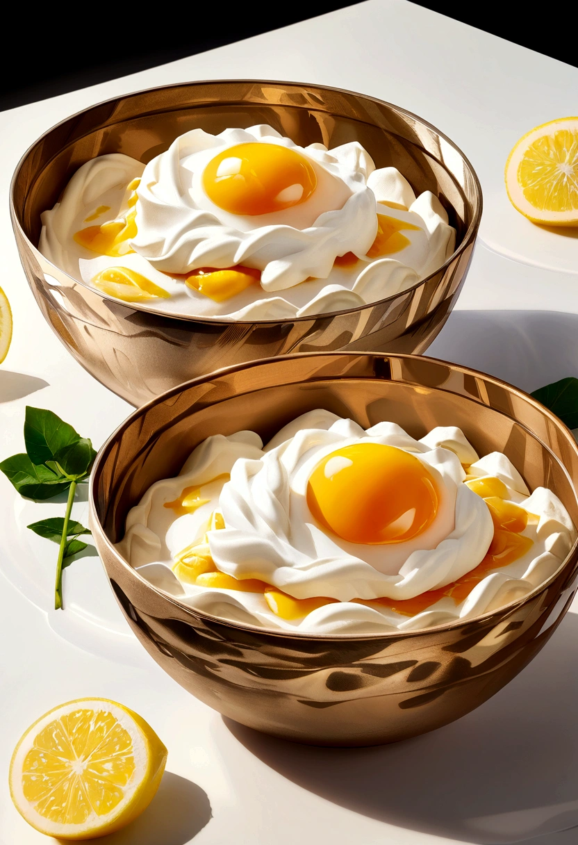 Kitchen counter close-up,カウンタートップの上のlemonメレンゲパイ,Blender,eggshell,Glass bowl with egg whites,Whipped cream,lemon,Official product photos, Smooth and clean surface, Award-winning masterpiece, professional Food Photography, Highly detailed configuration, Food Photography,Ultra-photorealism,