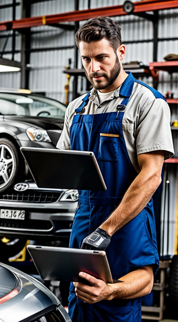 mechanic man, with a short beard in a workshop, next to a car, using a tablet