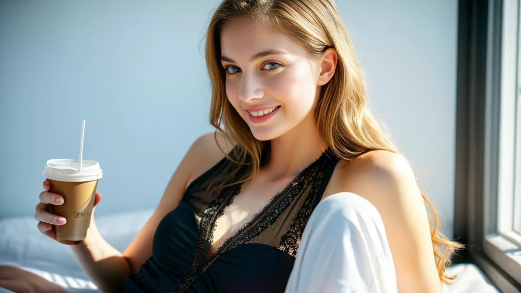 Beautiful blonde in a black dress (Sitting in bed with the morning sun shining in, holding a cup of coffee),Wearing headphones,Very detailed, 21 years old, Innocent face, Naturally Wavy Hair, blue eyes, High resolution, masterpiece, highest quality, Intricate details, Very detailed, Clear focus, Delicate skin, practical skin texture, texture, Delicate eyes, Professional, 4K, Cute Smile, Shot with Canon, 85mm, Shallow and deep, Kodak Vision Color, Exactly, Very detailed, photograph_\(Extremist\), photographpractical, practical, Post-processing, Maximum details, Roughness, Real Life, Extremist practical, Photorealism, photographgraphy, 8K Ultra HD, photographgraphy