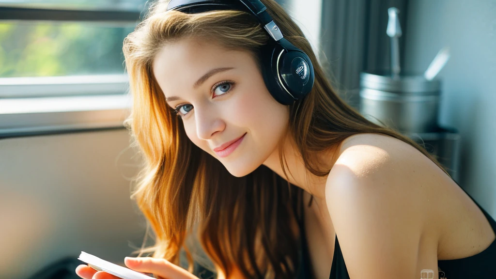 Beautiful blonde in a black dress (Sitting in bed with the morning sun shining in, holding a cup of coffee),Wearing headphones,Very detailed, 21 years old, Innocent face, Naturally Wavy Hair, blue eyes, High resolution, masterpiece, highest quality, Intricate details, Very detailed, Clear focus, Delicate skin, practical skin texture, texture, Delicate eyes, Professional, 4K, Cute Smile, Shot with Canon, 85mm, Shallow and deep, Kodak Vision Color, Exactly, Very detailed, photograph_\(Extremist\), photographpractical, practical, Post-processing, Maximum details, Roughness, Real Life, Extremist practical, Photorealism, photographgraphy, 8K Ultra HD, photographgraphy