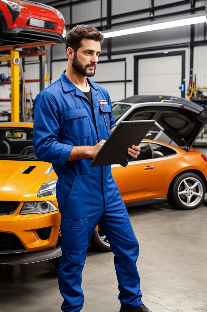 mechanic man, with a short beard in a workshop, next to a car, using a tablet, very realistic, very detail.