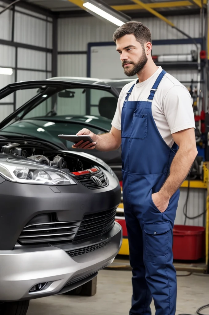 mechanic man, with a short beard in a workshop, next to a car, using a tablet, very realistic, very detail.