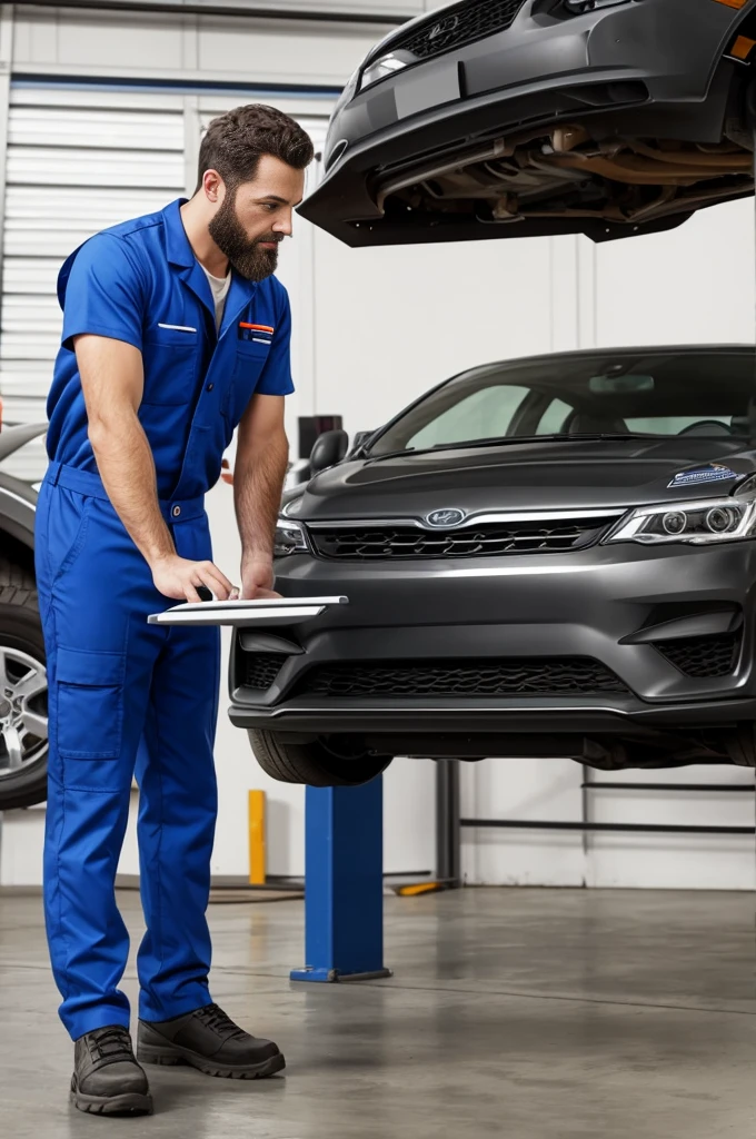 mechanic man, with a short beard in a workshop, next to a car, using a tablet, very realistic, very detail.