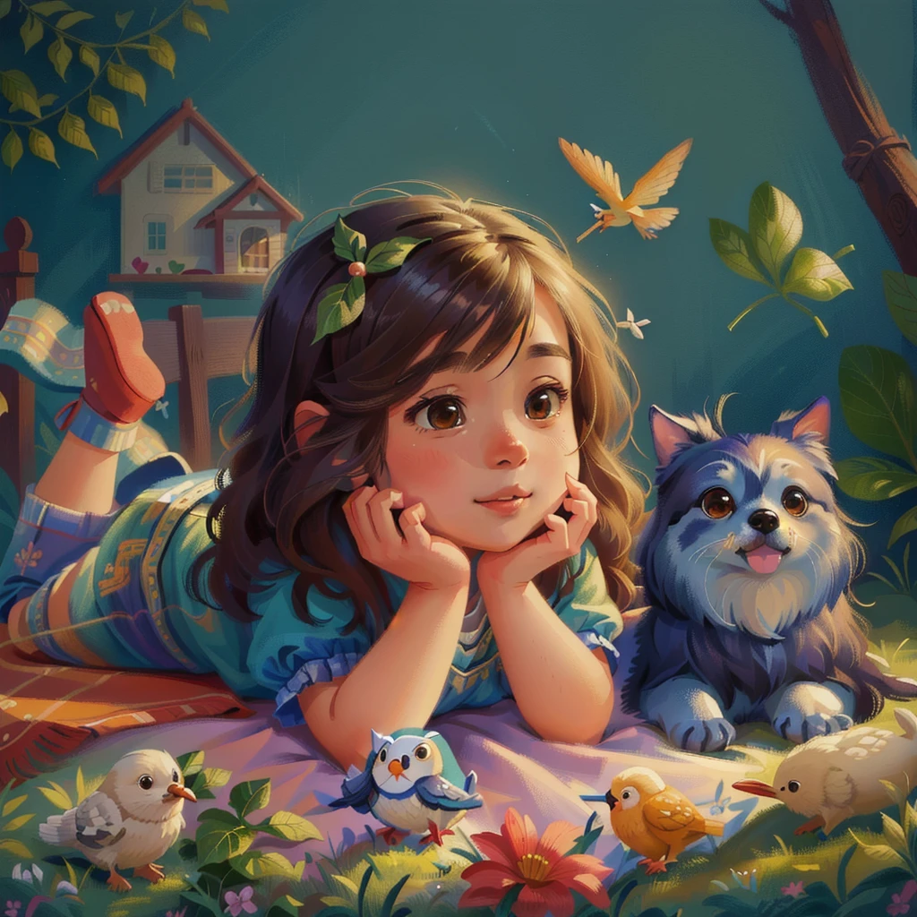 The painting shows a little girl lying on a blanket，There is a dog and a bird beside me, Lovely detailed artwork, author：Yang Borun, Cute numbers, Lovely portrait, Traditional Arts, Lovely detailed digital art, realistic Lovely girl painting, Lovely , Lovely artwork, Lovely digital art, Beautiful artwork, Alison Kinnard, author：Howard Lyon, Lovely girl