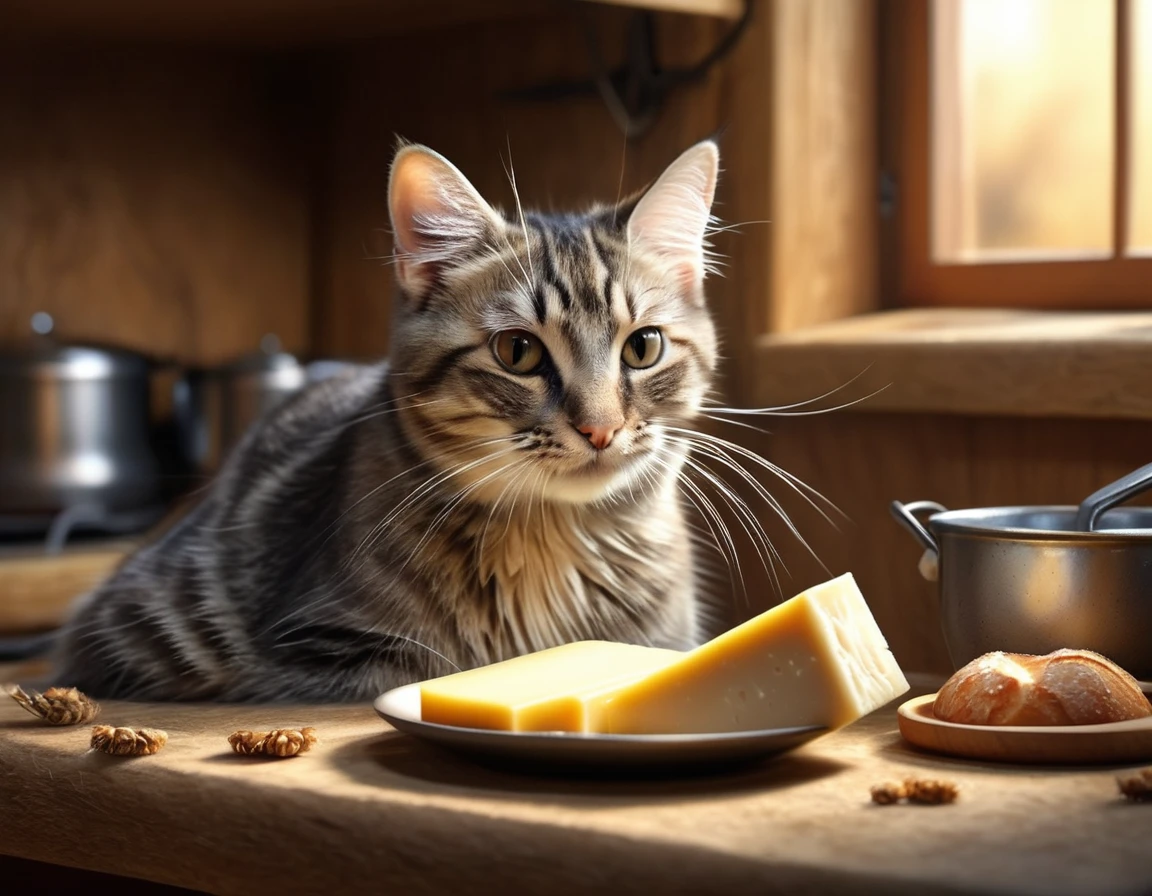 Friendship between a Cat and a Mouse: "Illustrate a scene where a friendly tabby cat is in the act of giving a piece of cheese to a grateful little gray mouse. The cat is gently holding the cheese in its paw, extending it towards the mouse, who is reaching out to accept it with a delighted expression. They are in a cozy kitchen with a warm, inviting atmosphere. The background should include details like a rustic kitchen table, a window with sunlight streaming in, and a few kitchen utensils hanging on the wall. The image should be highly detailed, focused, and of very high quality, capturing the textures of the cat's fur, the mouse's delicate features, the creamy cheese, and the cozy kitchen environment. Every element should be rendered with precision to convey the warmth and friendliness of the scene at the exact moment of the food exchange."