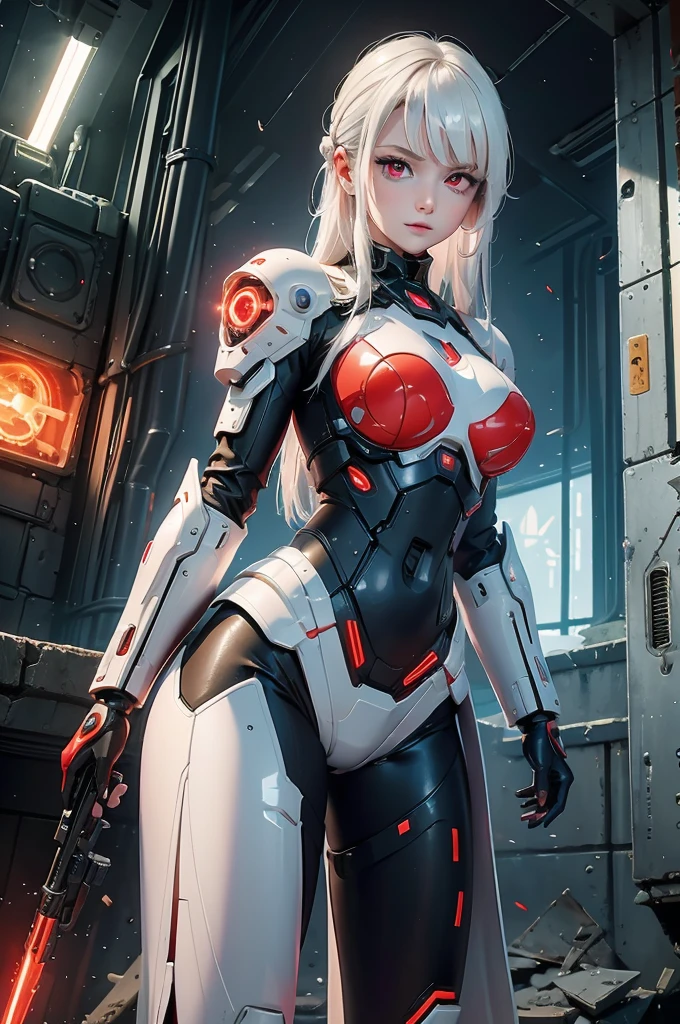 ((Cyberpunk women images))，Dynamic pose、(masterpiece:1.4, highest quality, Dutch Angle)(One girl, alone)（White hair that changes with the light、Smooth and straight hair、WHITE hair fluttering in the wind）、（beautiful, Glowing Skin、Cheek gloss highlighter、Sexy and very beautiful and adorable face、世界で最もbeautiful顔、big, Glowing red eyes）、（Cute 25 year old girl、Ample breasts、Narrow waist、Delicate shoulders、Perfect figure）（Overall dark、Abandoned futuristic city、End of the Century World、Traces of war、Caves、ruins）(Futuristic combat suit、White-based battle armor、Highly decorated battle suit)（Shooting from close range、Photo of your face）
