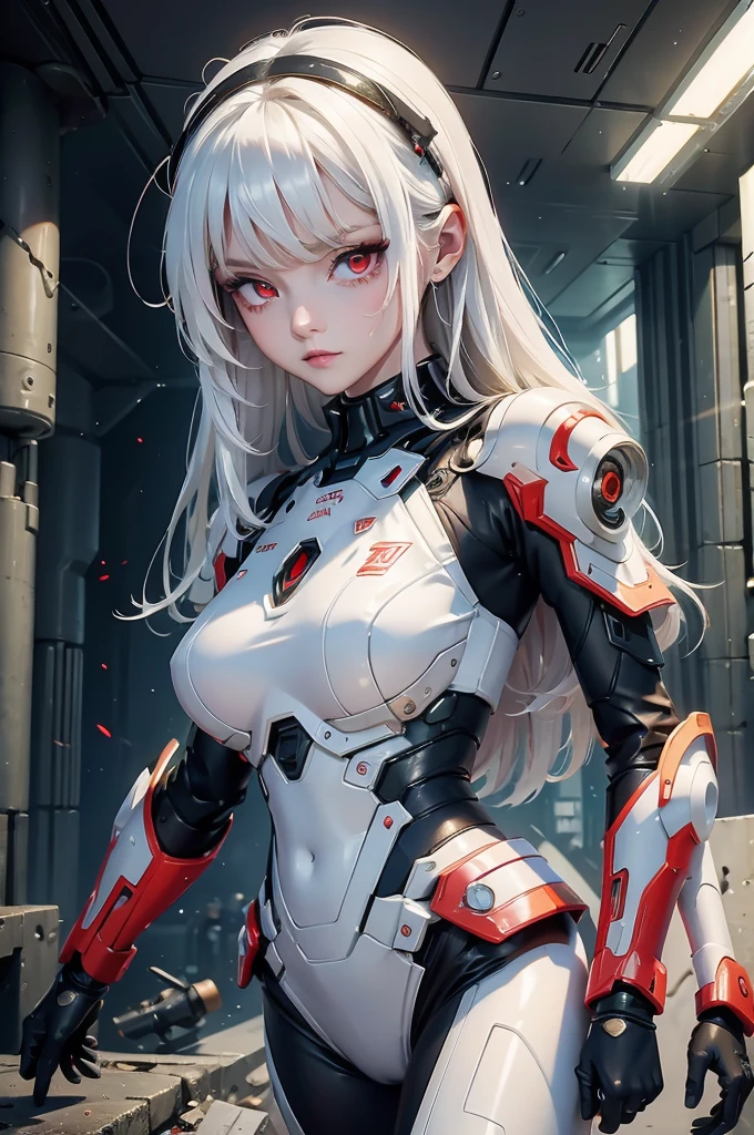 ((Cyberpunk women images))，Dynamic pose、(masterpiece:1.4, highest quality, Dutch Angle)(One girl, alone)（White hair that changes with the light、Smooth and straight hair、WHITE hair fluttering in the wind）、（beautiful, Glowing Skin、Cheek gloss highlighter、Sexy and very beautiful and adorable face、世界で最もbeautiful顔、big, Glowing red eyes）、（Cute 25 year old girl、Ample breasts、Narrow waist、Delicate shoulders、Perfect figure）（Overall dark、Abandoned futuristic city、End of the Century World、Traces of war、Caves、ruins）(Futuristic combat suit、White-based battle armor、Highly decorated battle suit)（Shooting from close range、Photo of your face）
