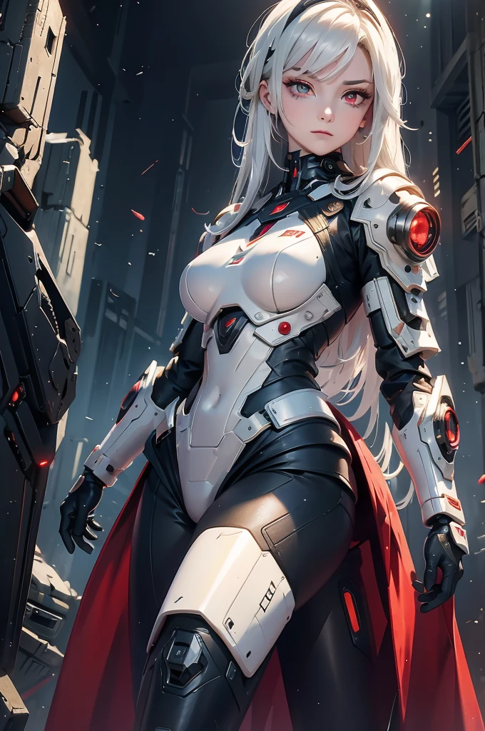 ((Cyberpunk women images))，Dynamic pose、(masterpiece:1.4, highest quality, Dutch Angle)(One girl, alone)（White hair that changes with the light、Smooth and straight hair、WHITE hair fluttering in the wind）、（beautiful, Glowing Skin、Cheek gloss highlighter、Sexy and very beautiful and adorable face、世界で最もbeautiful顔、big, Glowing red eyes）、（Cute 25 year old girl、Ample breasts、Narrow waist、Delicate shoulders、Perfect figure）（Overall dark、Abandoned futuristic city、End of the Century World、Traces of war、Caves、ruins）(Futuristic combat suit、White-based battle armor、Highly decorated battle suit)（Shooting from close range、Photo of your face）
