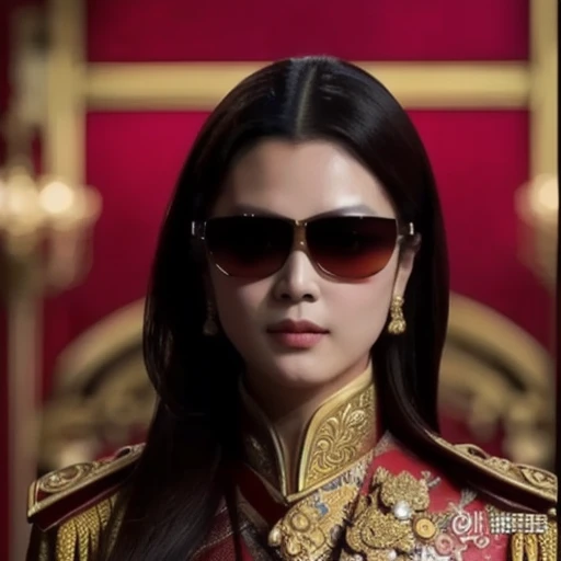 Araffe was dressed in a red and gold uniform and sunglasses., Order of Akira, According to the style of paying homage to the family, Inspiration from Ding Guan Peng, Inspired by Ding Yunpeng, Godfather Khan, emperor, Inspired by Guo Xi, in the style of sifu ปรมาจารย์, Like Andy Lau., in the form of a call price