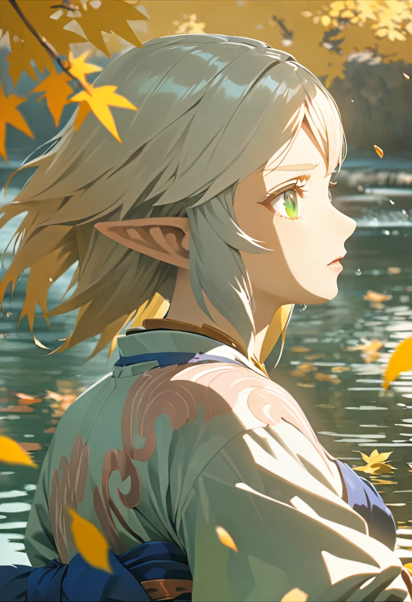 Very detailed, High resolution, Absurd, High resolution, Tamamo-no-Mae, White Hair Short Hair, expressive green eyes, water, autumn, petal, Orange and yellow leaves, woman, alone, so beautiful, Very detailedな顔と目, White kimono with pink patterns, Pointy Ears, Realistic Face,Fight,