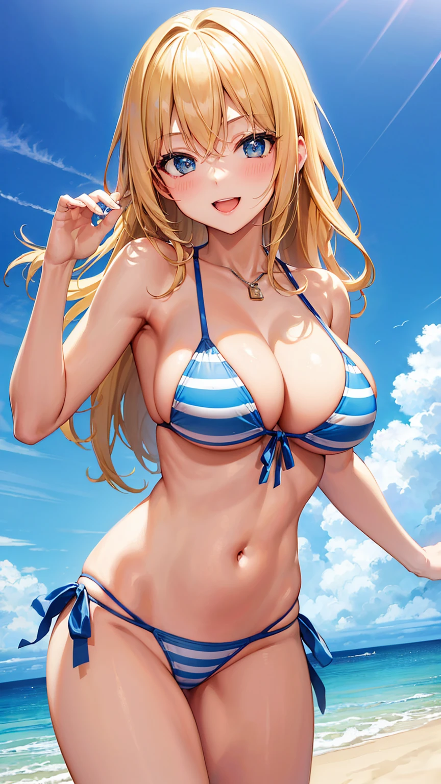 Master masterpiece, top-quality, High Definition, , Lucy Heartphilia, blonde hair, length hair, large full , Smile with open mouth, Solo、cowboy shot, (Blue stripes々bikini of:1.3)、(the beach:1.3)、
