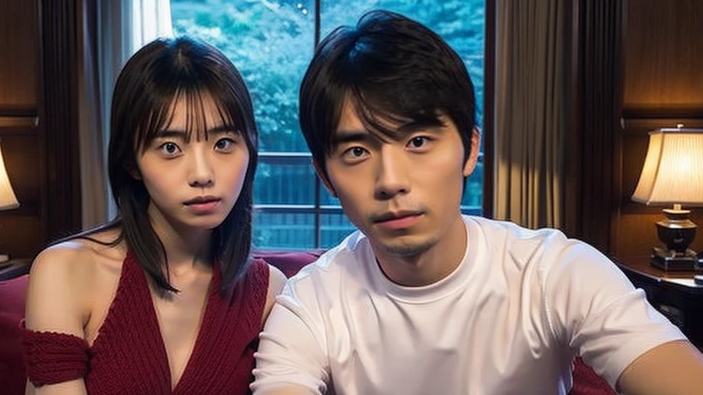 Kikuchi takes a selfie of herself and a Japanese man with long bangs, A luxury hotel room, Dark Room, Room lighting