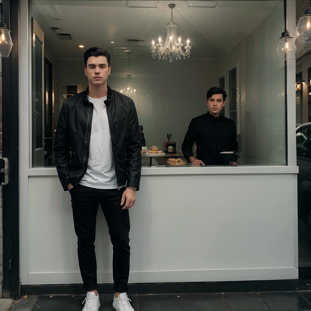 A white man with black tufted hair, wearing black jeans, a black shirt and a white jacket and he is wearing white shoes is standing in front of a restaurant with glass decorations.