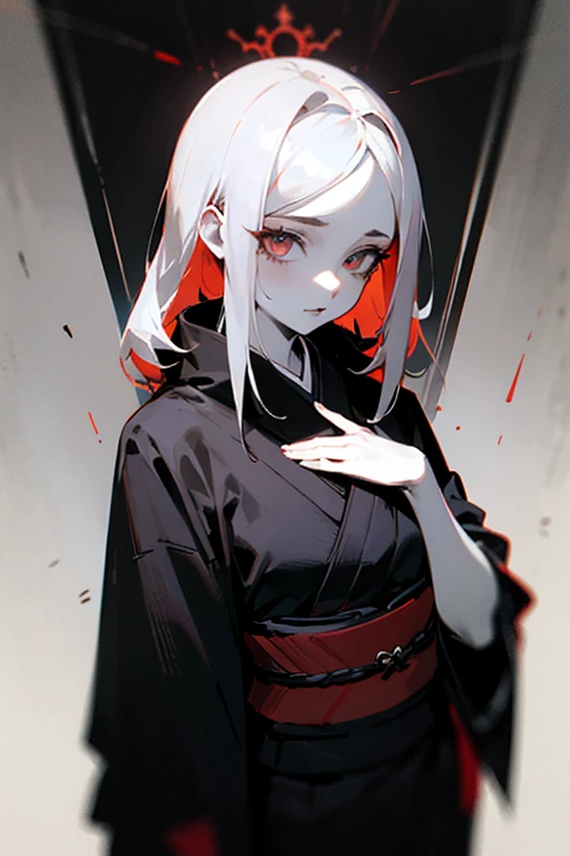 Uma garota de cabelos brancos longos, pale skin, wears a black kimono with a scarf covering the neck, the color for details is red. [Anime; Gothic; cyberpunk; sem cores, only red]