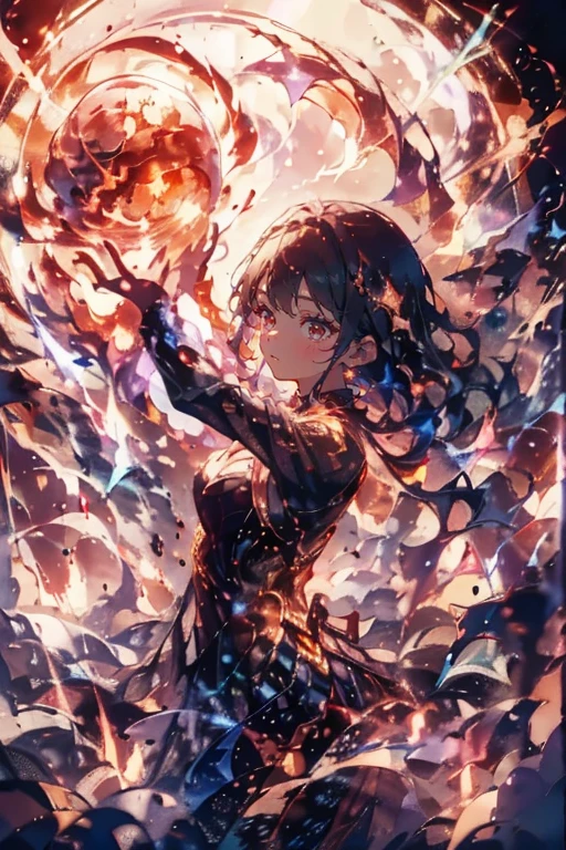 1girl,solo,cute,wizard,robe,cleavage,hold a fireball,red fireball on each hands,around fire aura,perfect hands,perfect finger,explosionmagic,glowing aura