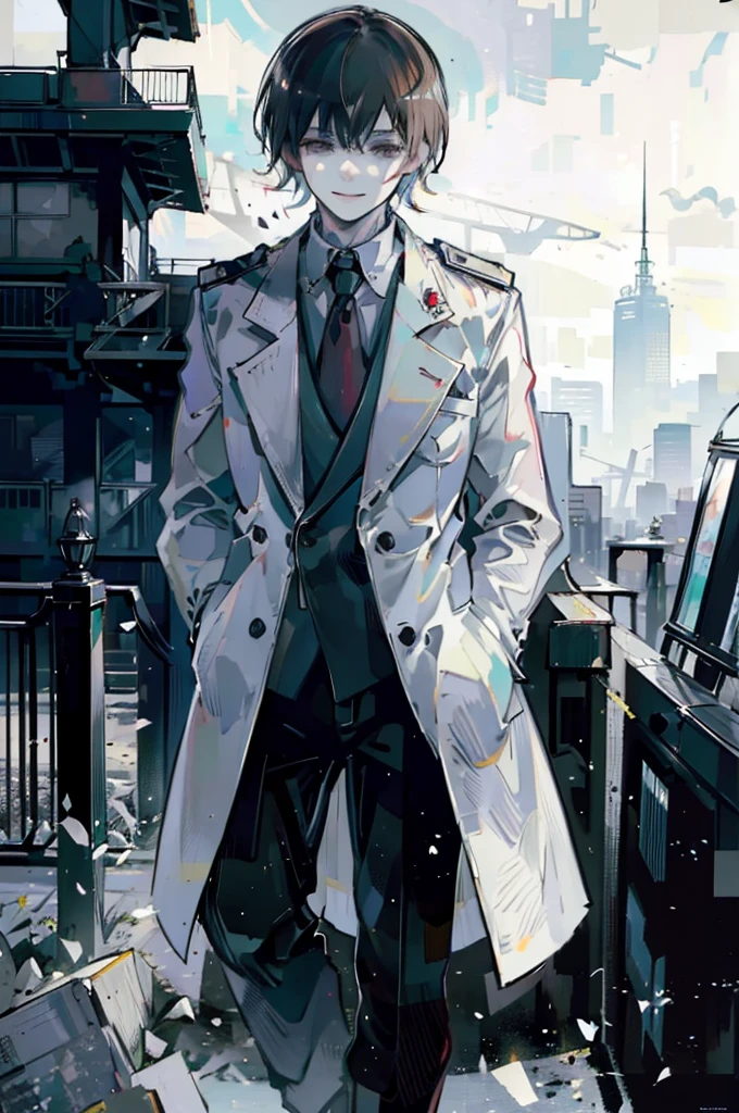 young man, brown hair, black eyes, smiling, medium hair, wearing a pure white trench coat, wearing black pants, in one city, 4k, detailed, sui ishida art style, detailed eyes,