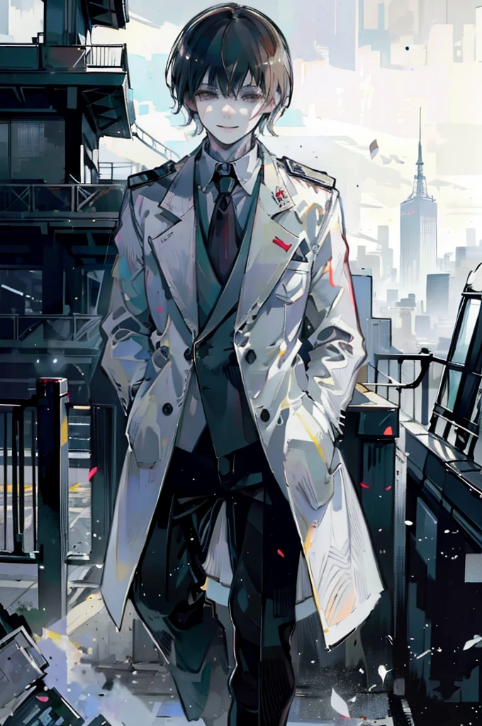 young man, brown hair, black eyes, smiling, medium hair, wearing a pure white trench coat, wearing black pants, in one city, 4k, detailed, sui ishida art style, detailed eyes, 
