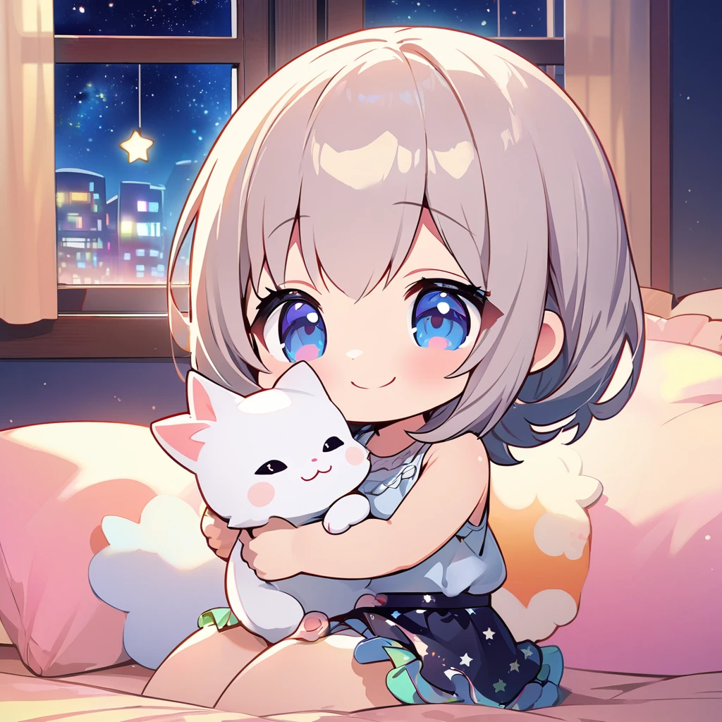 masterpiece、highest quality、Depth of subject、2D illustration、1 beautiful girl、solo, (((chibi style)))、cute chibi, lovely chibi, ((night)), ((window)), ((starry sky)), Long, beautiful hair、Shiny chestnut hair、cute、Beautifully detailed eyeini skirt))、((colorful))、Tank top、((happy smile))、sitting on bed, ((close up shot))、((Holding a kitten)), ((in the room))、((There's a lot of pink around))、((bed))、Thighs、((vivid color))、sparkle、((Lens flare))、