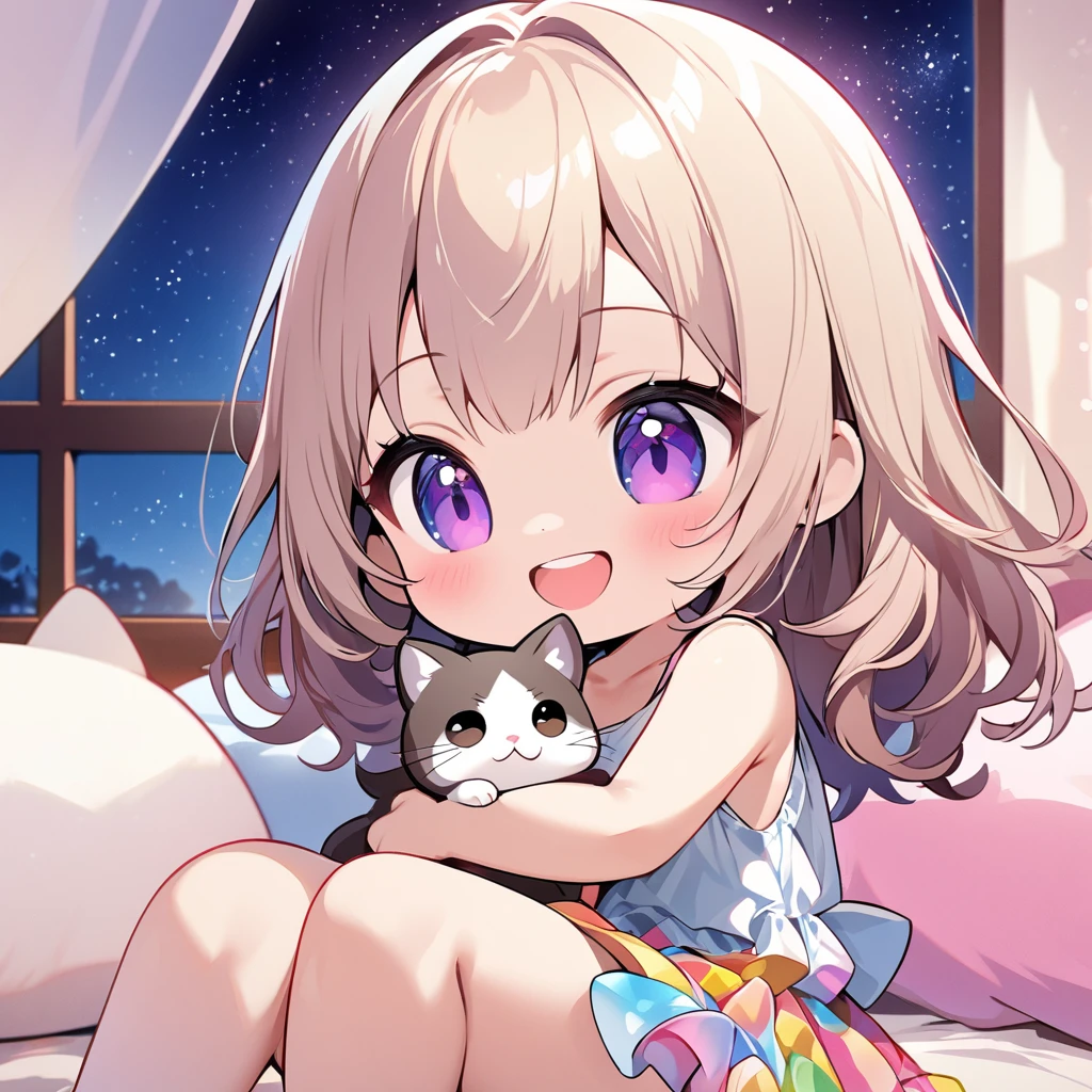 masterpiece、highest quality、Depth of subject、２D illustration、1 beautiful girl、solo, (((chibi style)))、cute chibi, lovely chibi, ((night)), ((window)), ((starry sky)), Long, beautiful hair、Shiny chestnut hair、cute、Beautifully detailed eyeini skirt))、((colorful))、Tank top、((happy smile))、sitting on bed, ((close up shot))、((Holding a kitten)), ((in the room))、((There&#39;s a lot of pink around))、((bed))、Thighs、((vivid color))、sparkle、((Lens flare))、